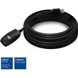 ACT AC6005  USB 2.0 Signaalversterker  USB-A naar USB-A  5m  Zwart