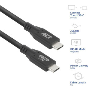 ACT  USB4 Kabel  20Gbps  240W  USB-C naar USB-C  1m  Zwart