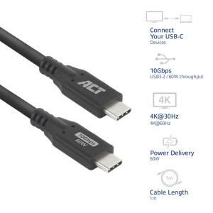 ACT  USB 3.0 Kabel  10Gbps  60W  USB-C naar USB-C  1m  Zwart