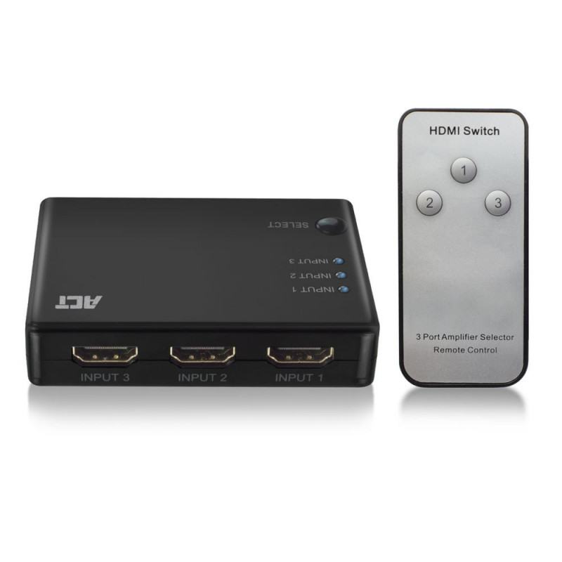 ACT AC7845 HDMI Switch  3 Ingangen  1 Uitgang  4K  30Hz  Inclusief Afstandsbediening