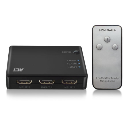 ACT AC7845 HDMI Switch  3 Ingangen  1 Uitgang  4K  30Hz  Inclusief Afstandsbediening